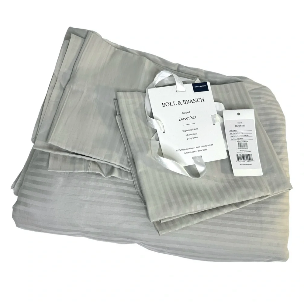 BOLL & BRANCH Signature Stripe Duvet Cover & Shams NEW Pewter Gray King Cal King